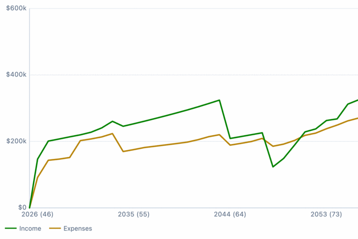A cash-flow forecast chart: projected income and expenses year by year